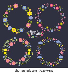 Hand drawn vector floral wreath illustration set, wreath of flowers frame, beautiful floral round frames with summer flowers, vector illustration