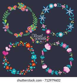 Hand drawn vector floral wreath illustration set, wreath of flowers frame, beautiful floral round frames with summer flowers, vector illustration