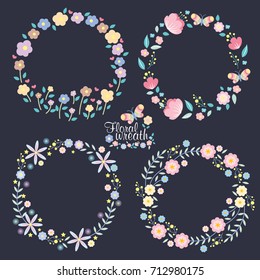Hand drawn vector floral wreath illustration set, wreath of flowers frame, beautiful floral round frames with summer flowers, vector illustration