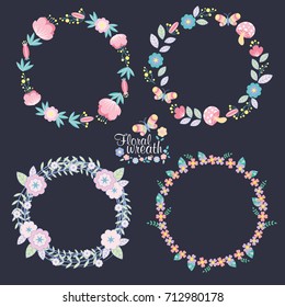 Hand drawn vector floral wreath illustration set, wreath of flowers frame, beautiful floral round frames with summer flowers, vector illustration