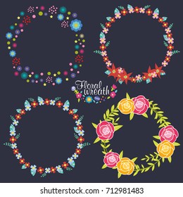 Hand drawn vector floral wreath illustration set, wreath of flowers frame, beautiful floral round frames with summer flowers, vector illustration