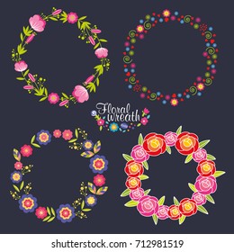 Hand drawn vector floral wreath illustration set, wreath of flowers frame, beautiful floral round frames with summer flowers, vector illustration