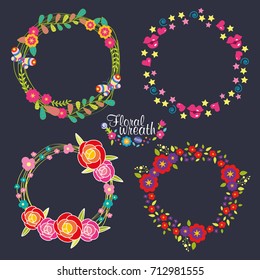 Hand drawn vector floral wreath illustration set, wreath of flowers frame, beautiful floral round frames with summer flowers, vector illustration