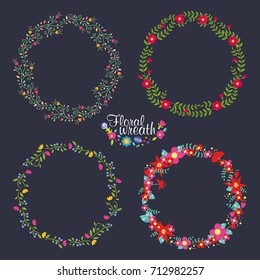 Hand drawn vector floral wreath illustration set, wreath of flowers frame, beautiful floral round frames with summer flowers, vector illustration