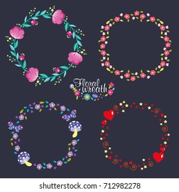 Hand drawn vector floral wreath illustration set, wreath of flowers frame, beautiful floral round frames with summer flowers, vector illustration