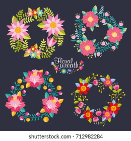 Hand drawn vector floral wreath illustration set, wreath of flowers frame, beautiful floral round frames with summer flowers, vector illustration