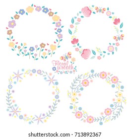 Hand drawn vector floral wreath illustration set, wreath of flowers frame, beautiful floral round frames with summer flowers, pastel color style, vector illustration