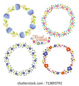 Hand drawn vector floral wreath illustration set, wreath of flowers frame, beautiful floral round frames with summer flowers, full color style, vector illustration