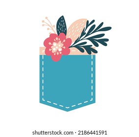 Hand drawn vector flower bouquet and grasses bunch in jeans pocket. For wedding greeting card, birthday or valentine day.
