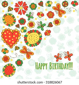 Hand drawn vector flower card template. Bright doodles: flowers, berries, green branches, butterflies. For greeting cards, invitations, wallpapers, backgrounds.
