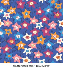 Hand drawn vector flower field orange purple white blue pattern. Seamless floral background. Summer or spring nature design. Use for fabric, kids wear, wrapping, surface pattern decor