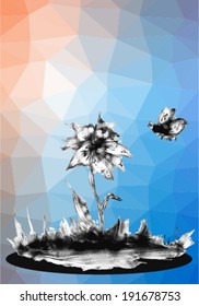 hand drawn vector flower and insect on triangle background
