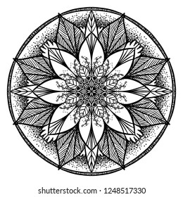 Hand drawn vector, flower mandala, black on white isolated background. 