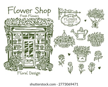 Hand drawn vector flower shop sketch set with storefront facade, flower baskets, bucket with flowers, watering can, hanging basket and floral elements. Vintage doodle line art collection 