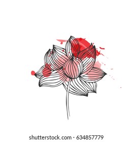 Hand drawn vector flower with watercolor splashes with freehand textures and nature floral motifs in pastel colors isolated on white background.