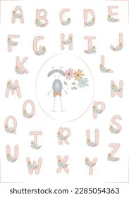 Hand drawn Vector Flowers Alphabet clip art, ABC Poster, Kids Educational illustration with cute monster, Nursery Wall art, Beige Letters Print, School Children Font 