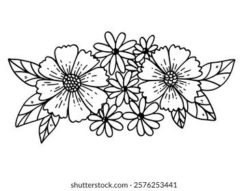 Hand drawn vector Flowers blooming. for greeting card design frames, floral ornaments, vintage, invitations, weddings, black and white