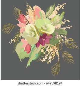Hand drawn vector of flowers bouqet on the gray background