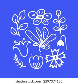 Hand drawn vector flowers, branches, and leaves doodles. Modern floral freehand illustration, botanical theme concept