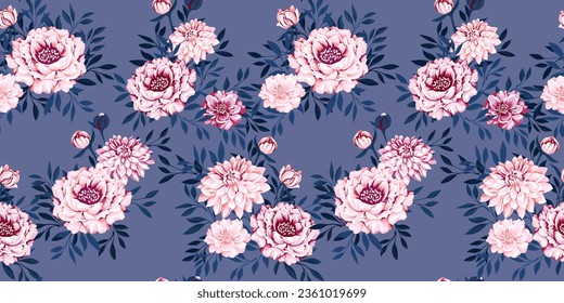 Flores vectoriales dibujadas a mano entrelazadas en un patrón sin fisuras. Retro, bello, artístico, decorado con flores. Plantilla para diseño, textil, de moda, de impresión, de superficie, de papel