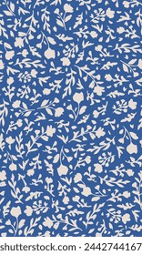 Hand drawn, vector flowers with leaves seamless repeat pattern. Vector botany aop, all over surface print on blue background.