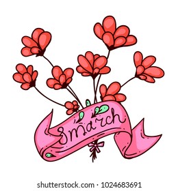 A hand drawn vector flowers with ribbon for 8 march celebration day, colored doodle on white background