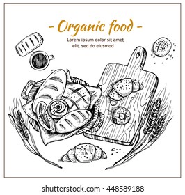 Hand drawn vector flyers - bakery shop. Basket with pastry (donut, croissant, cake, pretzels, bagels, baguette etc). Sketch. Template for your design