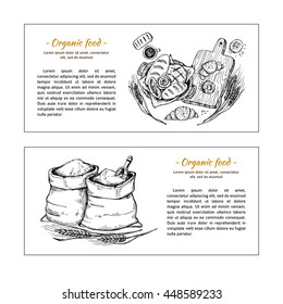 Hand drawn vector flyers - bakery shop. Basket with pastry. Sacks of flour and grain. Sketch