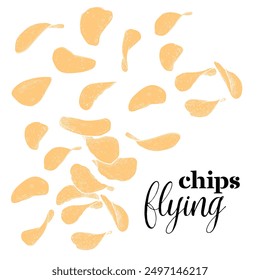 Hand drawn vector flying chips. Yellow fill crisps on white background. This asset is ready to use and easy to edit. The vector is one united shape. 