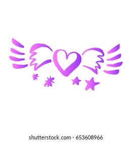 Hand drawn vector flying heart. Pink colored on isolated background. Good for postcards, posters, greeting cards, comics, cartoons.