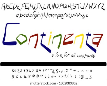 Hand Drawn Vector Font. Continenta is a cute character set with flashy, angled letters. Perfect for brightly colored projects.