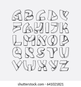 Hand drawn vector font, imitation of 3d letters. Abc sequence from A to Z, isolated on background. Alphabet illustration, good for lettering, titles, writing. Imperfect characters drawn with shadows