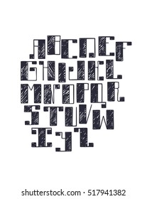 Hand drawn vector font with large bold square serif, handwritten with pen and ink. Abc letters sequence in sketch hatch style, isolated on white background. Large capital geometric alphabet letters