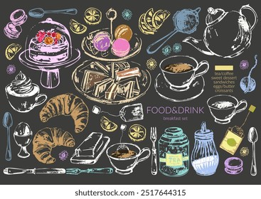 Handgezeichnete Vektorgrafik mit Kreide, Skizze, Illustration, Hintergrund. Tee, Kaffee, Croissant, Ei, Butter, süßes Dessert, Kuchenständer, Teekanne, Tasse, Sieb, Zuckerdose, Sandwiches, Makaronen, Teebeutel.