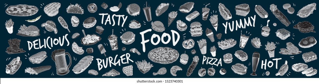 Hand drawn vector food collection. Big food illustration set on blackboard. Doodle on chalkboard background. 