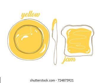 Hand drawn vector food illustration. Yellow jam jar, knife and toast with jam