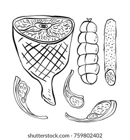 Hand drawn vector food illustrations. In modern trendy organic line art style. Different kinds and parts of meat. Elements for cookbook design, menu, packaging. Isolated on background.