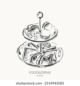 Ilustração desenhada à mão de esboço de tinta alimentar vetorial. Macarões doces, morangos, sanduíches em um suporte de bandeja. Chá da tarde ou conjunto de mesa de café da manhã. Para fundo de comida, buffet de hotel e design de menu café.