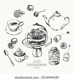 Hand drawn vector food ink sketch illustration. Tea, coffee, breakfast set, sweet dessert, cake stand, teapot, cup, sieve, macarons, teabag. For food background, hotel buffet and cafe menu design.