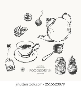 Ilustração desenhada à mão de esboço de tinta alimentar vetorial. Chá estanho, bule, xícara, peneira, tigela de açúcar, saco de chá. Para comida e bebida plano de fundo e café menu design.