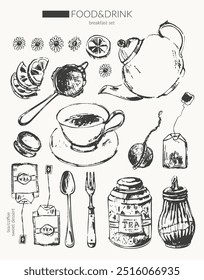Hand drawn vector food ink sketch illustration. Tea, coffee, breakfast, teapot, cup, sieve, sugar bowl, tea box, teabag. For food background, hotel buffet and cafe menu design.