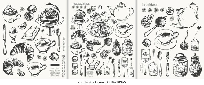 Hand drawn vector food ink sketch illustration. Tea, coffee, breakfast croissant, egg, butter, sweet dessert, cake stand, teapot, cup, sieve, sugar bowl, sandwiches, macarons, teabag.