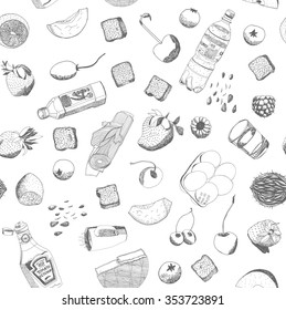 Hand drawn vector food and kitchen stuff seamless pattern, outlined elements are ready to be recolored.