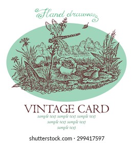 Hand drawn vector, forest landscape with the lake, a water-lily and a dragonfly.