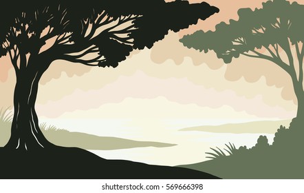 Hand drawn vector forest and river at the sunset background