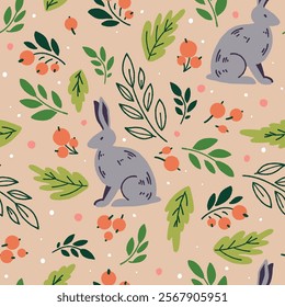 Hand drawn vector forest seamless pattern with grey hares twigs, leaves, berries