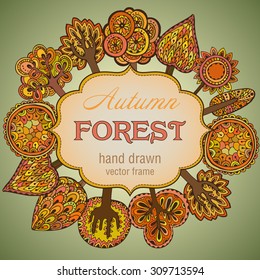 Hand drawn vector frame with autumn trees and place for your text.