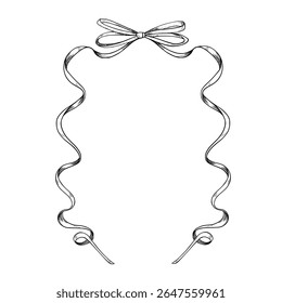 Hand drawn vector Frame with curled Ribbon and tied Bow for wedding invitations, baby shower greeting cards, and packaging. Outline drawing for vintage Templates. Linear art for stationary.