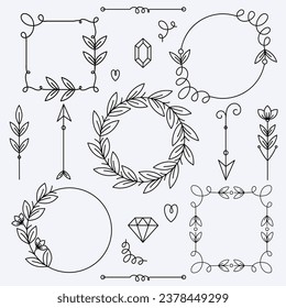 Marco vectorial dibujado a mano y conjunto de divisores. Marcos redondos y cuadrados. Elementos de diseño Doodle.