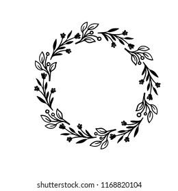 Hand drawn vector frame. Floral wreath with leaves for wedding and holiday. Decorative elements for design. Isolated on white background